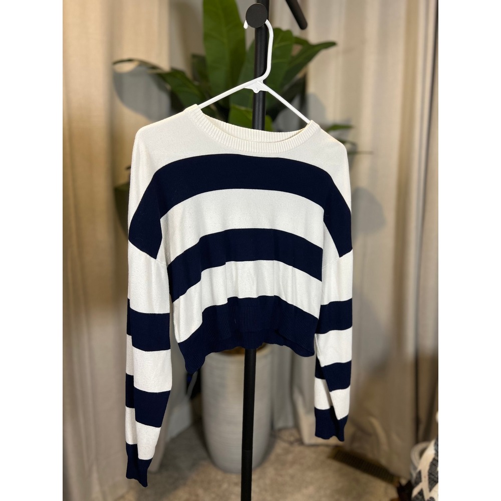 Garage Striped Knit Cropped Sweater Navy Blue White XS Long Sleeve Crewneck